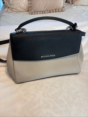 Michael Kors Black and Taupe Grey Structured Top-Handle Satchel